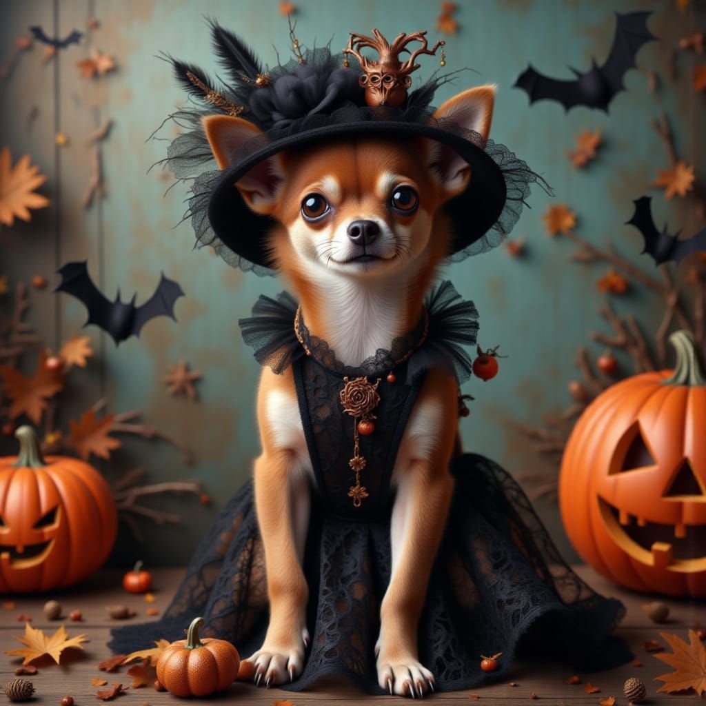 A female chihuahua dressed in a lacy gown with a feathery ha...