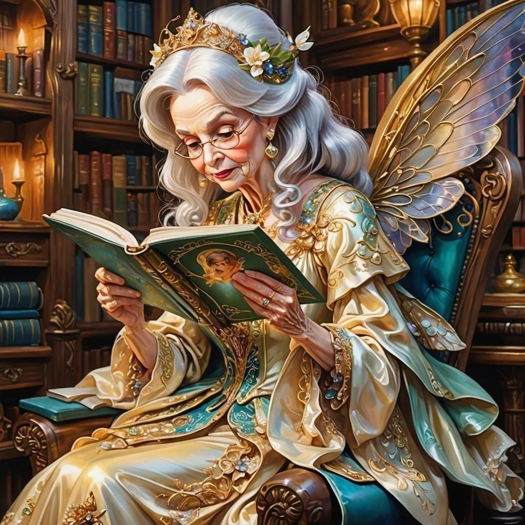 Chibi Fairy Godmother in Fairytale Library, Gouache Style