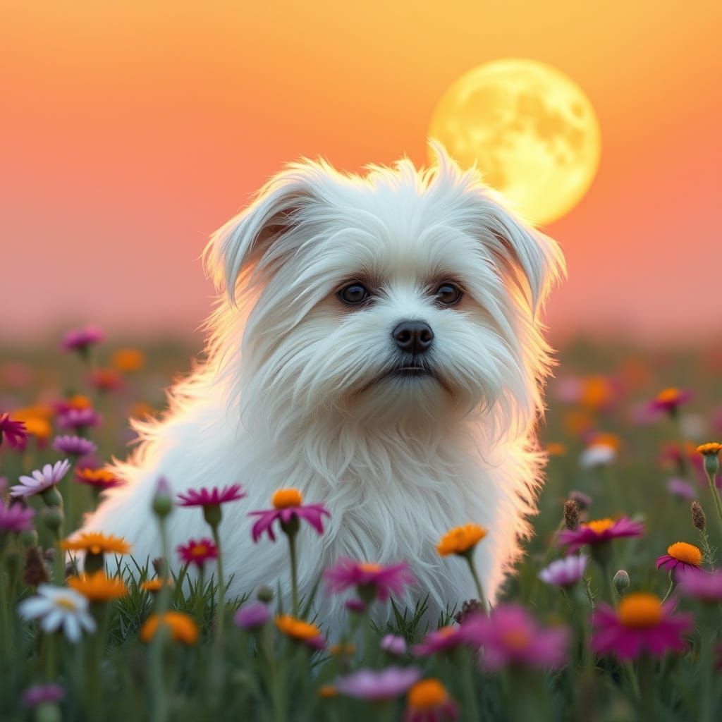 Serene Shi Zhu Dog Surrounded by Wildflowers at Fullmoon Dus...
