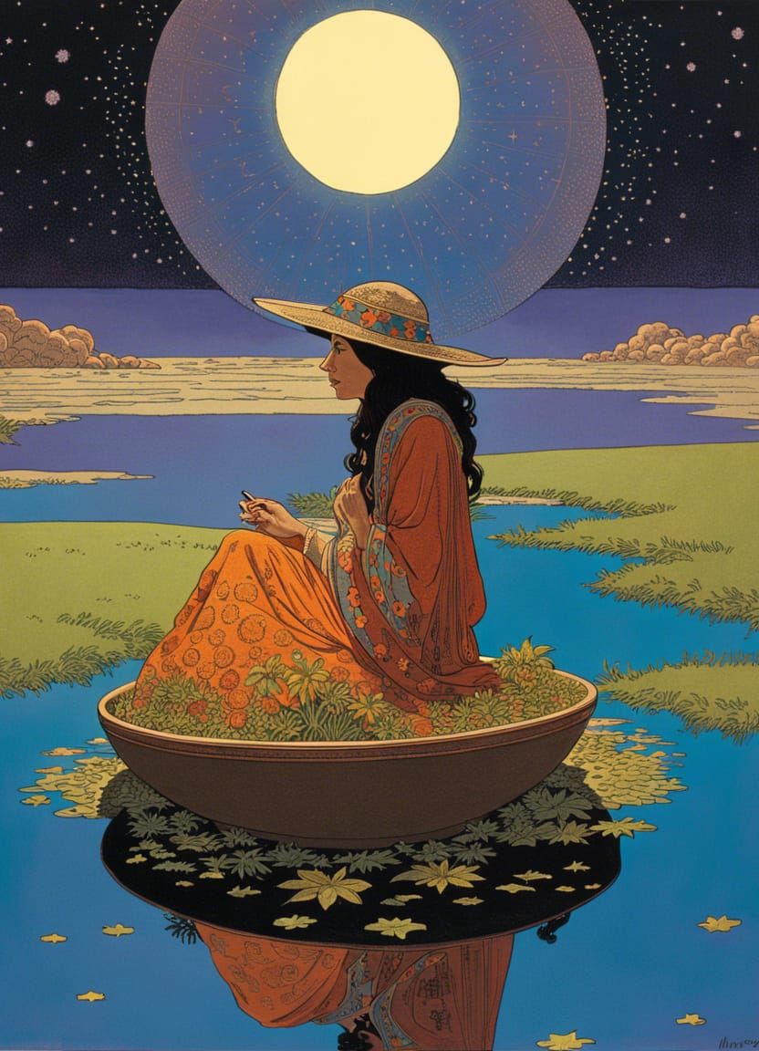 Hippie Woman Under Starry Sky: Ligne Claire Art