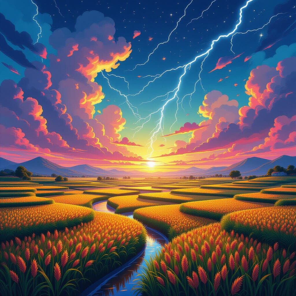Psychedelic Asian Rice Fields with Lightning in Dalí Style