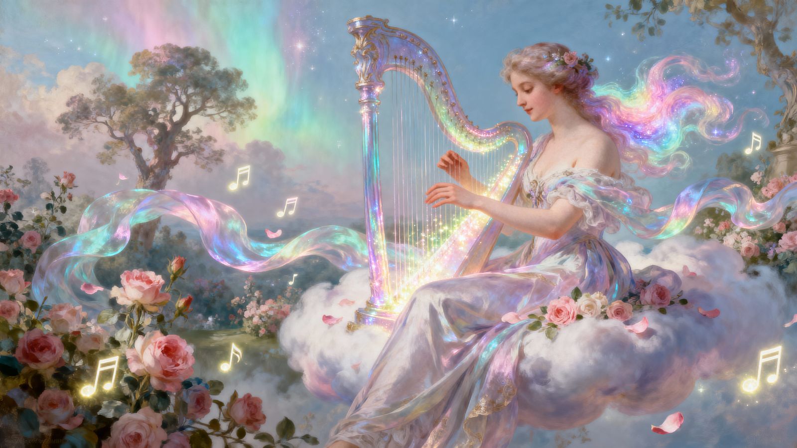 Rococo Music Goddess Plays Aurora Harp in Cloud Garden