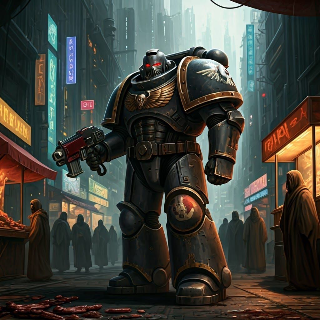 Space Marine BBQ in Cyberpunk Cityscape