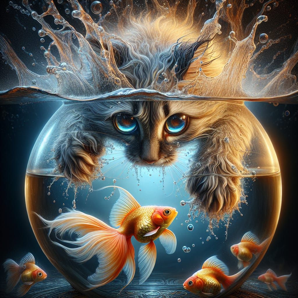 Cat Fishing in Goldfish Bowl, Fantasy Realism