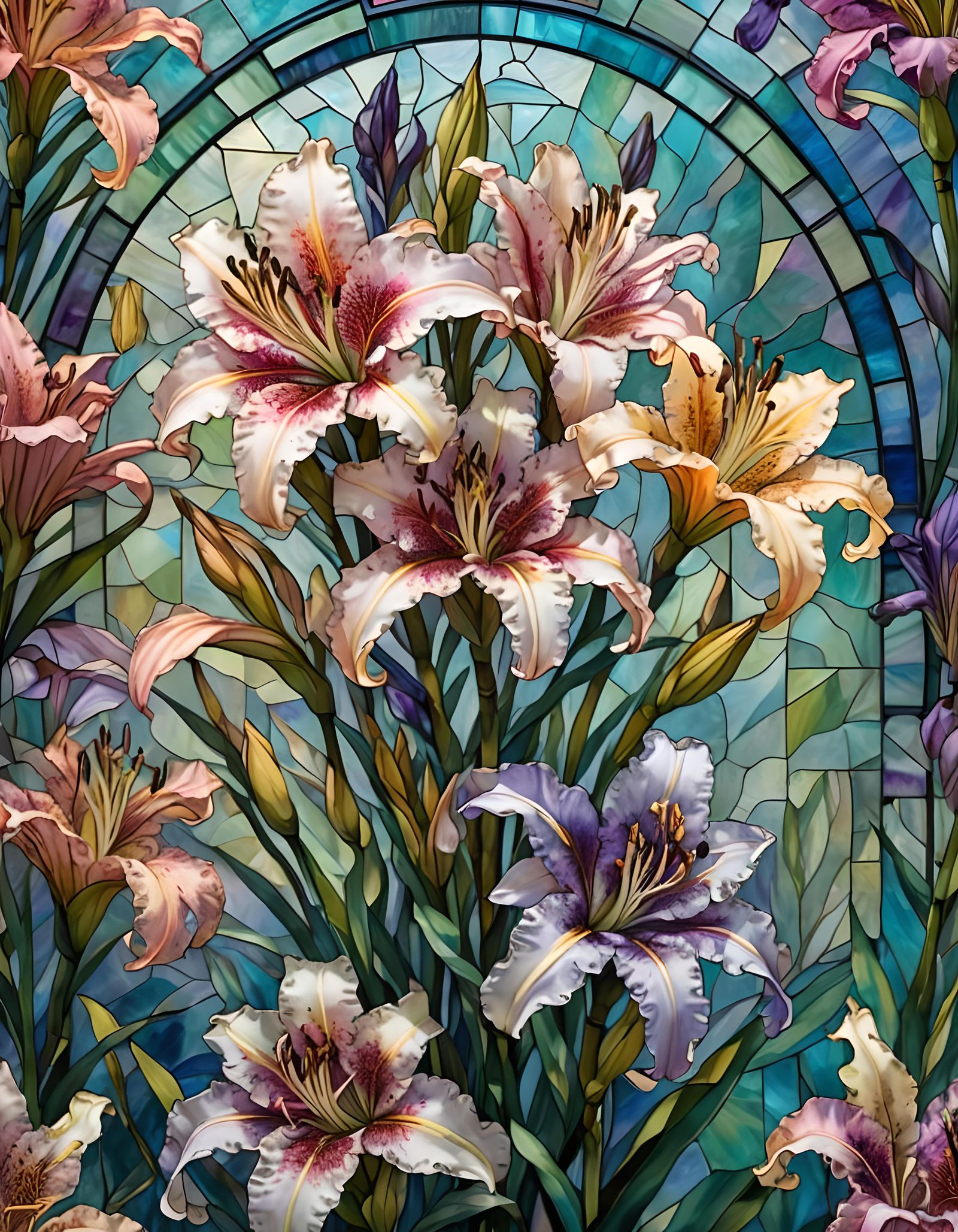 Stained Glass Floral Double Exposure in Art Nouveau Style