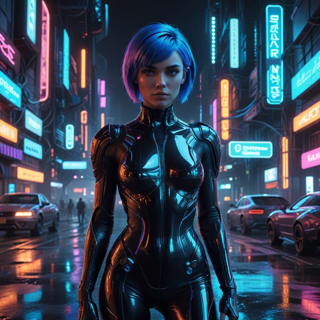 Serious Cyberpunk Girl in Neon-Lit Cityscape