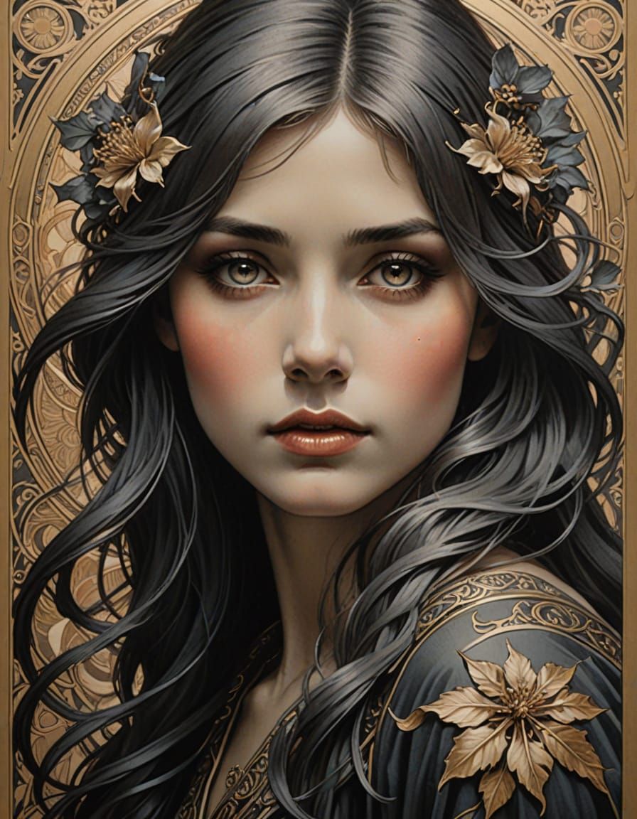 Harmonious Faces in Art Nouveau Charcoal Drawing