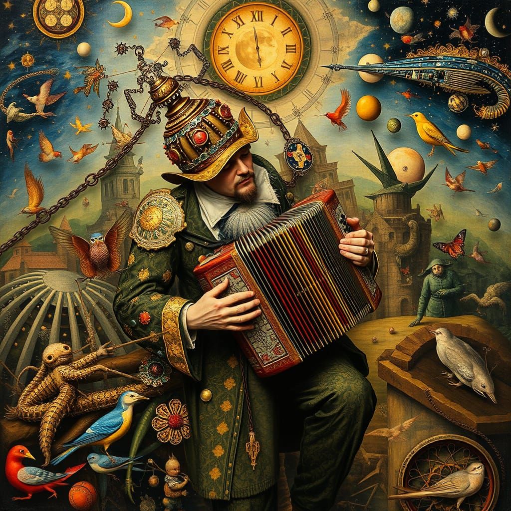 Accordionist at Galaxy's End: Bosch-Inspired Oil Painting