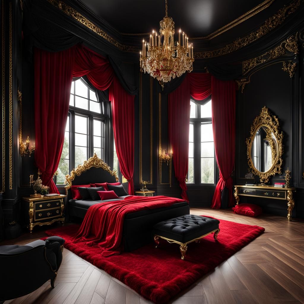 Gothic Royal Bedroom in Red and Black With Gold