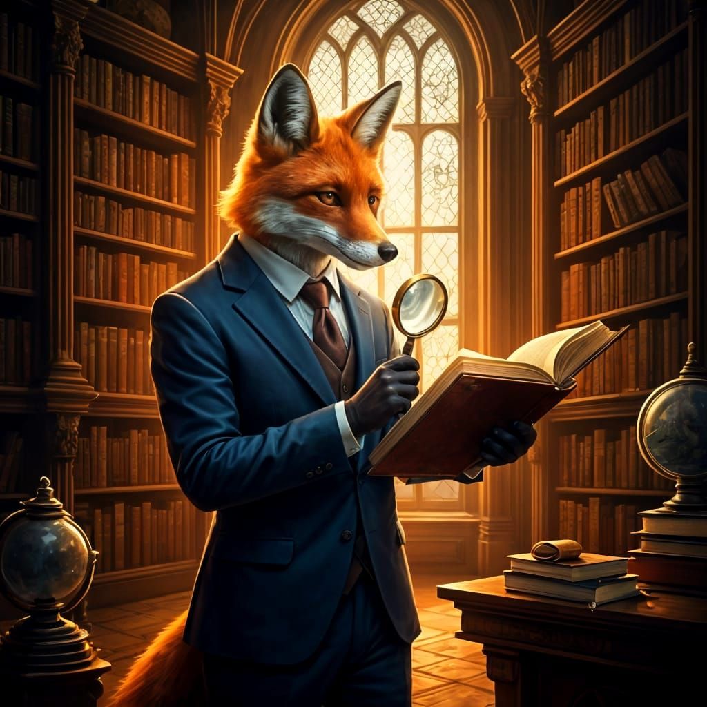 Elegant Fox in Library, Renaissance Oil Painting