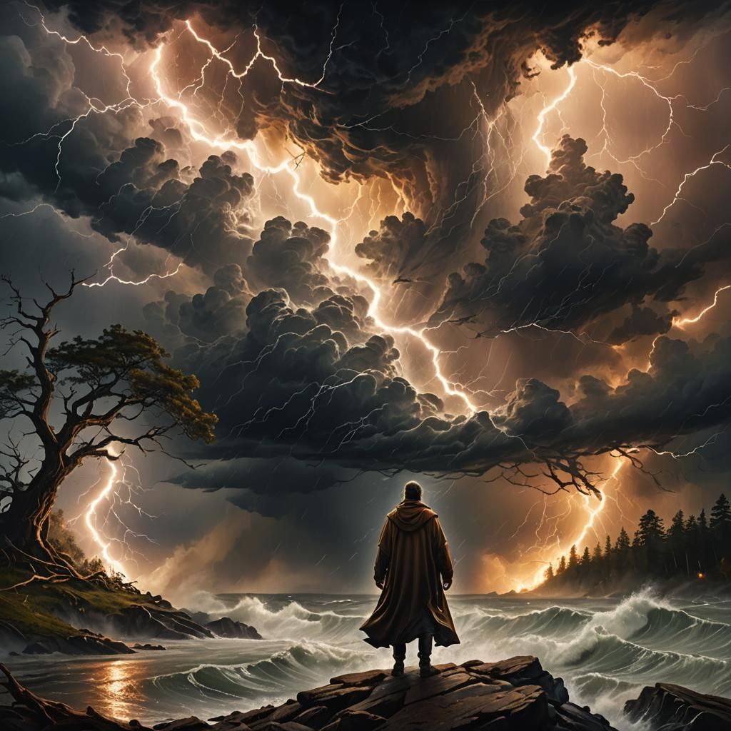 Lone Figure in Raging Storm: Dramatic Realism