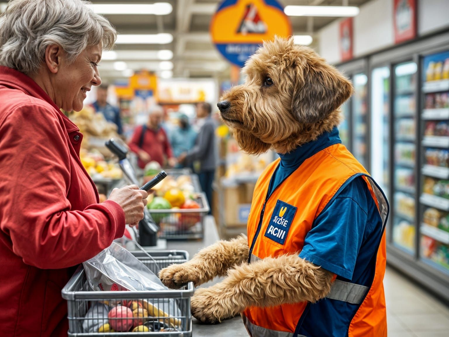 Friendly Groodle Dog Helps at Cozy Aldi Checkout