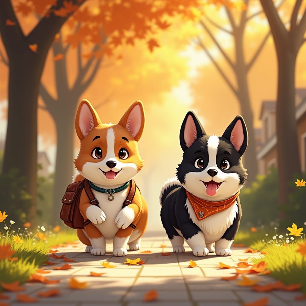 Corgi Adventure: Pixar-Style Neighborhood Scene
