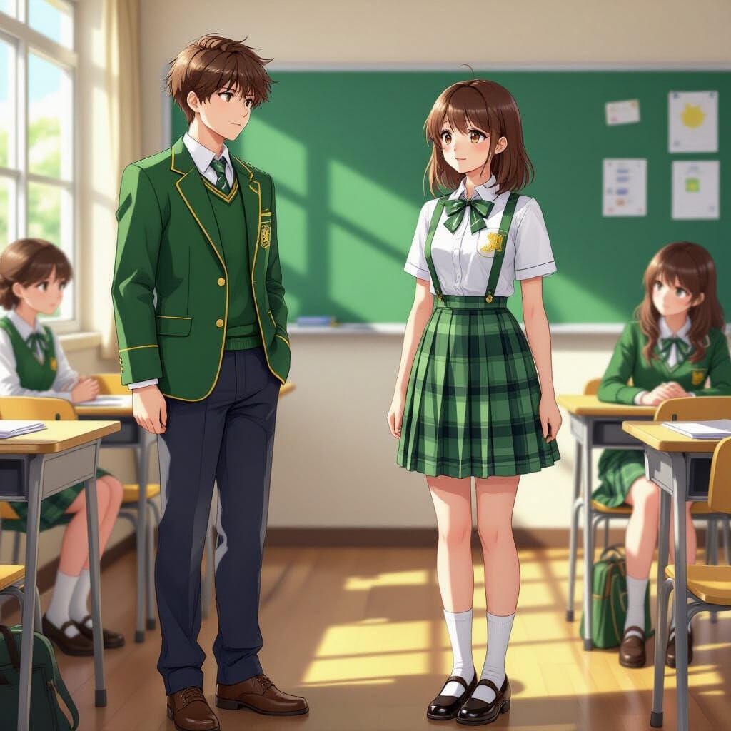 Young Man in Green Blazer and Tartan Pinafore