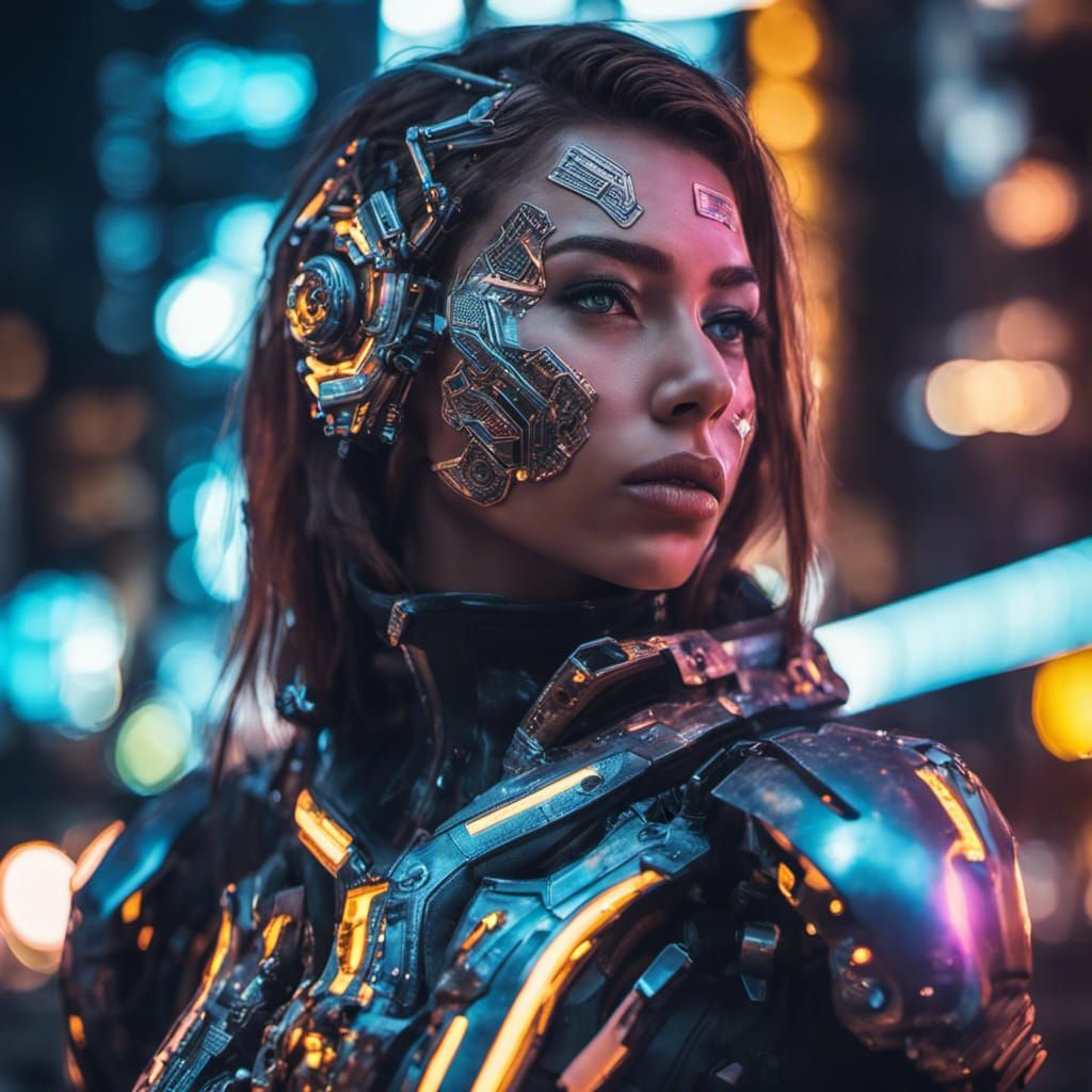 Cyborg Girl Portrait in Neon City, Hyperrealistic Style