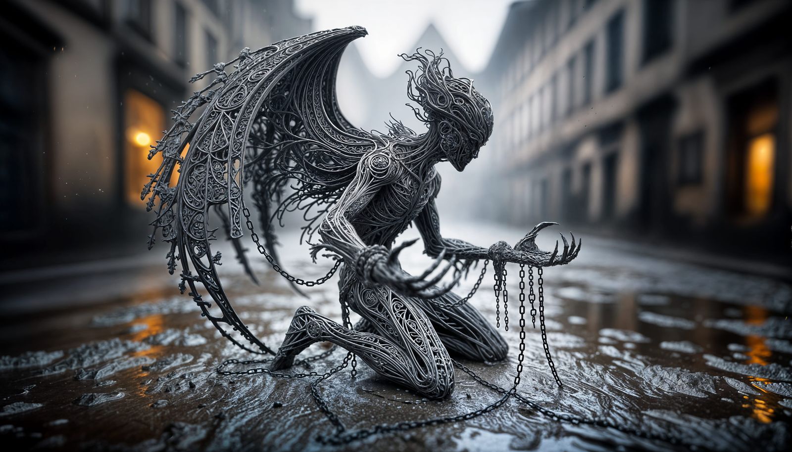 Ethereal Figure Materializes in Rainy Medieval Town