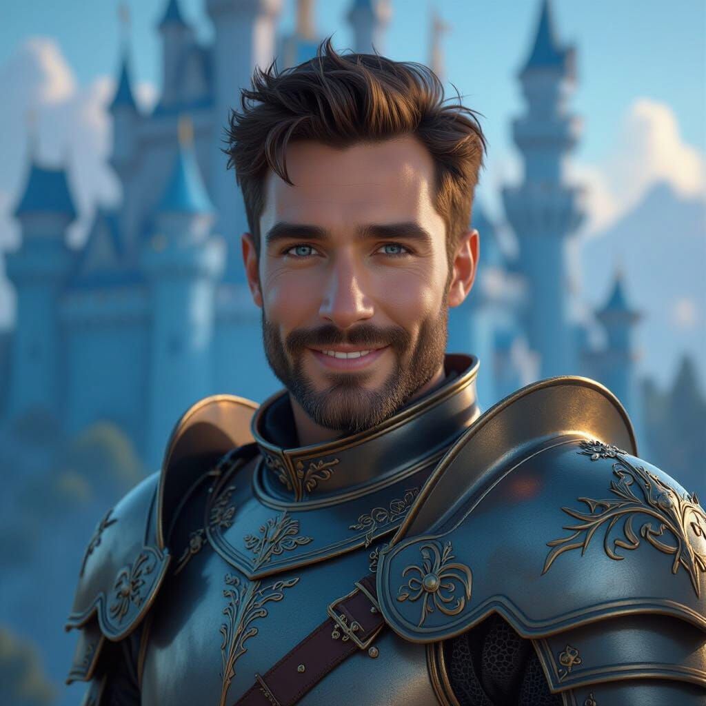 Handsome Knight with Blue Eyes in Dreamlike Castle