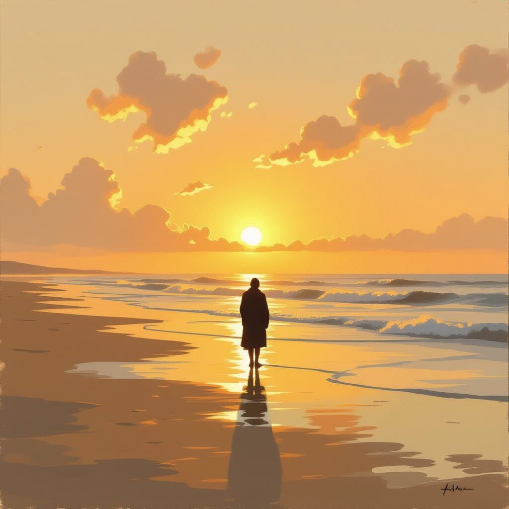 Lone Figure on Sea Sands at Dawn