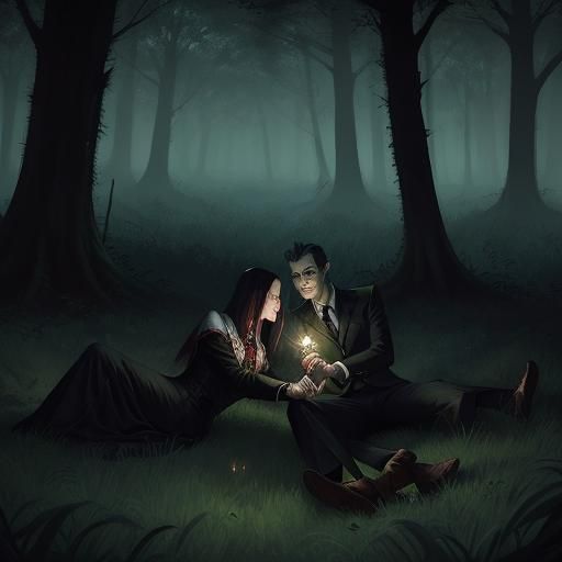 Vampire Couple in Dark Forest with Fireflies