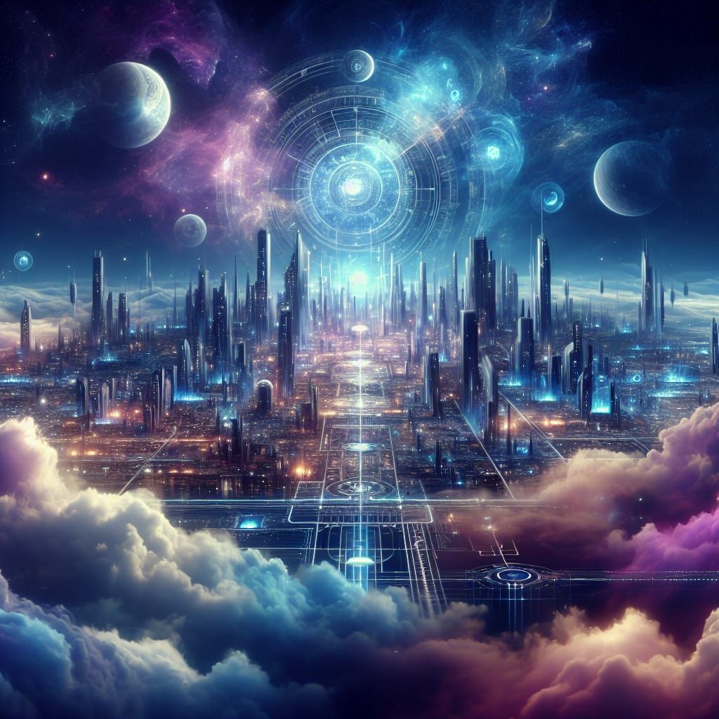 City Among Celestial Clouds in Futuristic Architecture Style