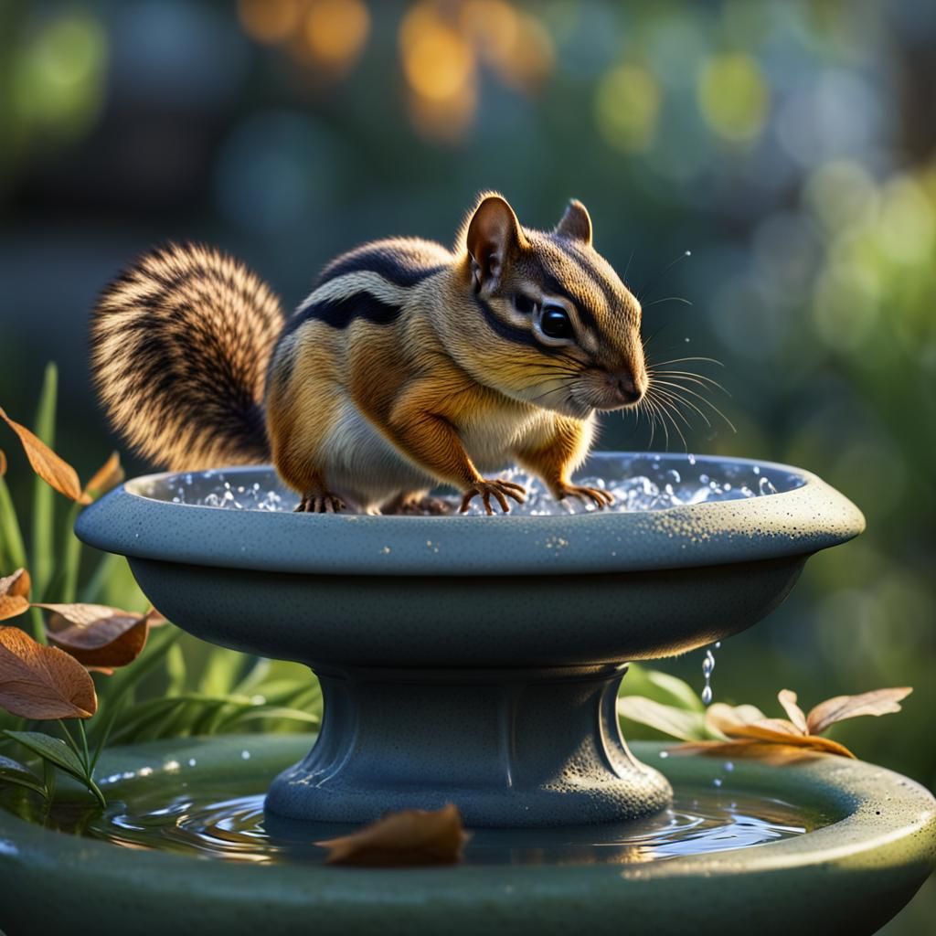 Hyperrealistic Chipmunk in Birdbath with Cinematic Lighting