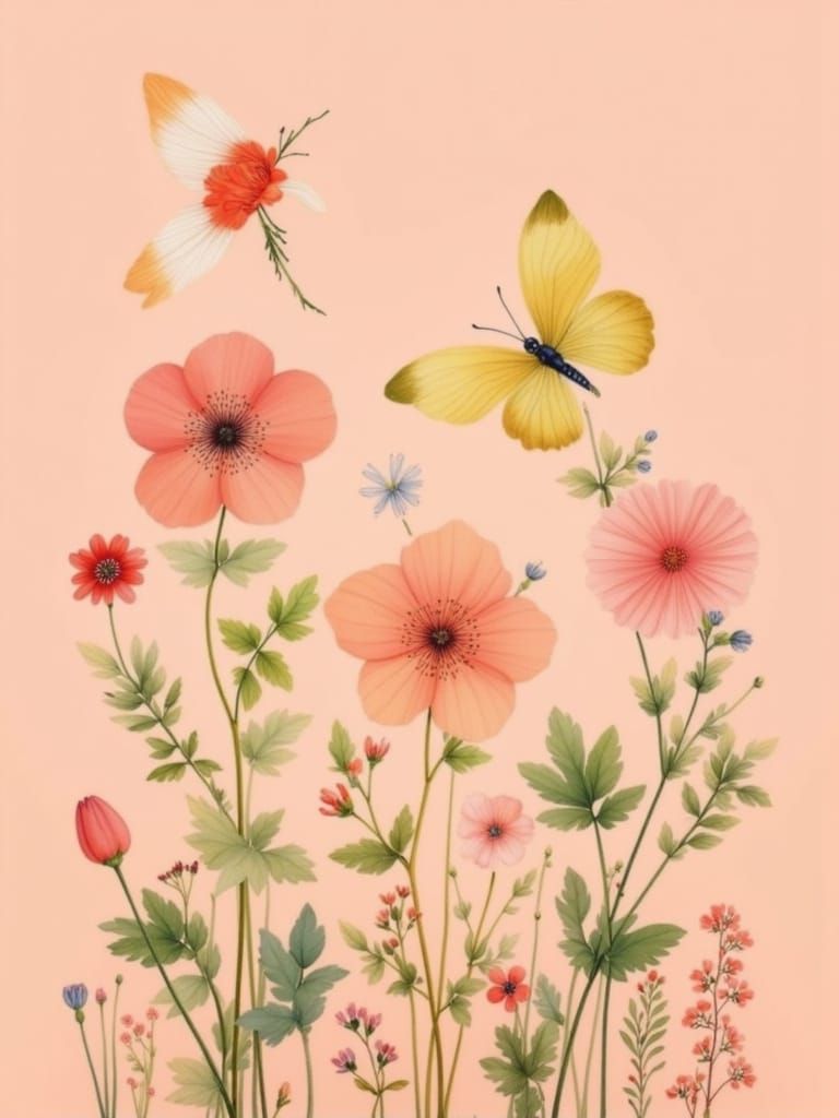 Butterfly and Flowers in Surreal Japanese Style