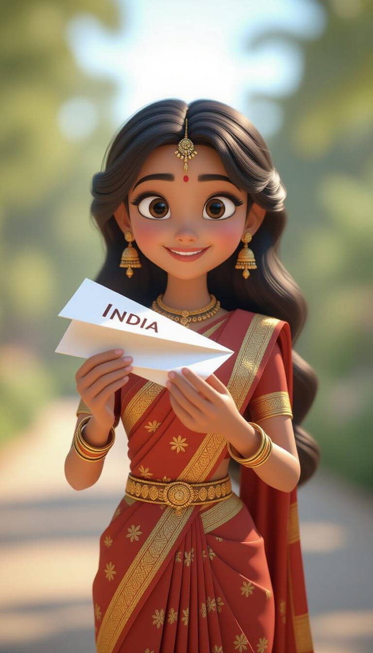 Girl Sending Paper Plane in Pixar Style