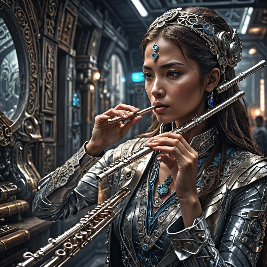 Hyperrealistic Woman Plays Flute in the Future