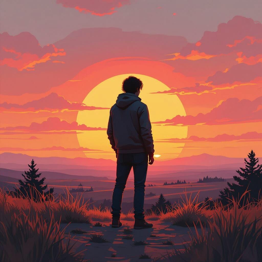 Person in Sunset Landscape in Stalenhag Style