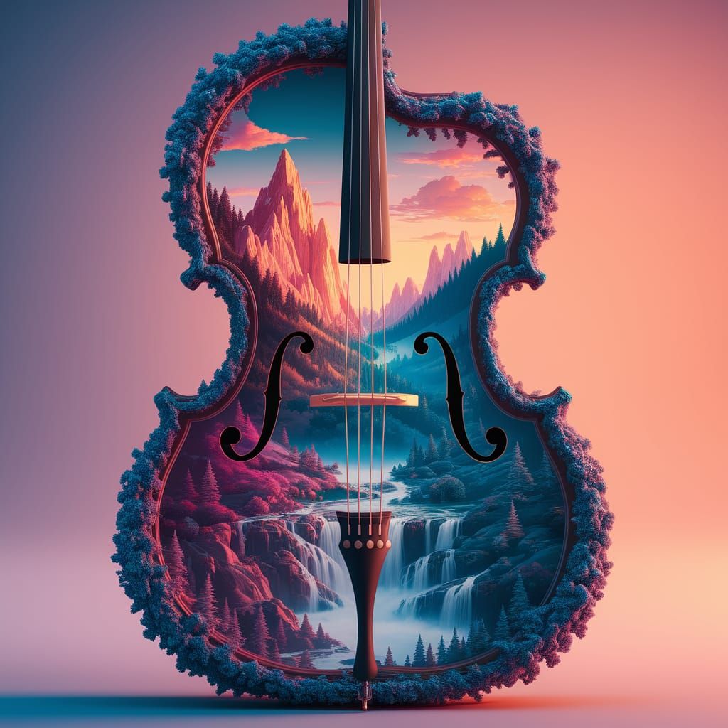 Surreal Cello World: Vibrant Landscape in 3D Art