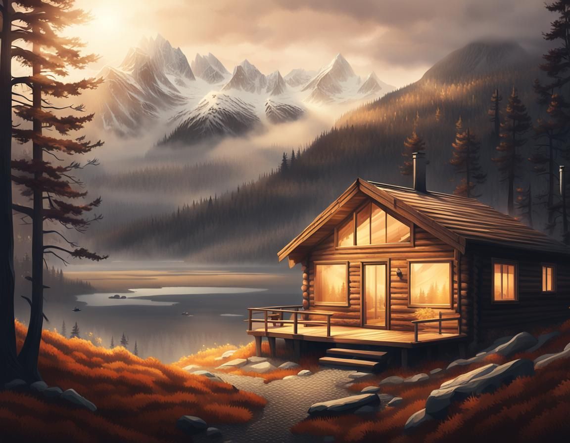 Nordic Cabin in Misty Mountains: Concept Art