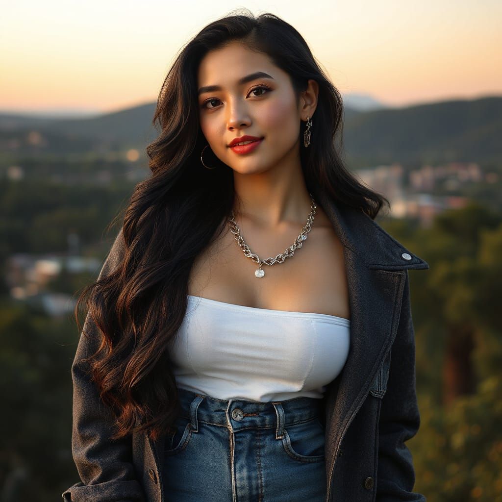 Young Woman with Ondulated Hair and Vibrant Attire