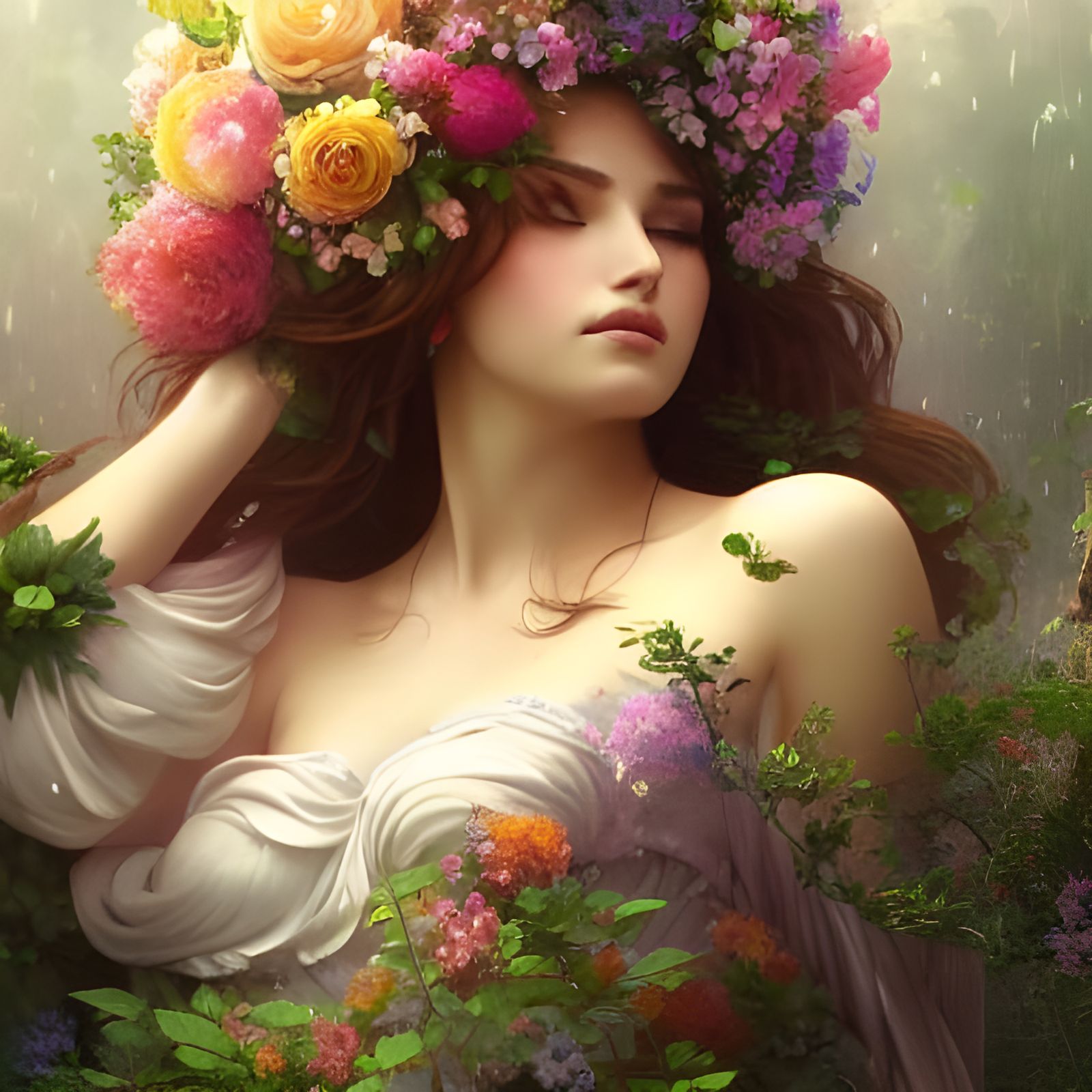 Beautiful Goddess of Love in a Flower Garden