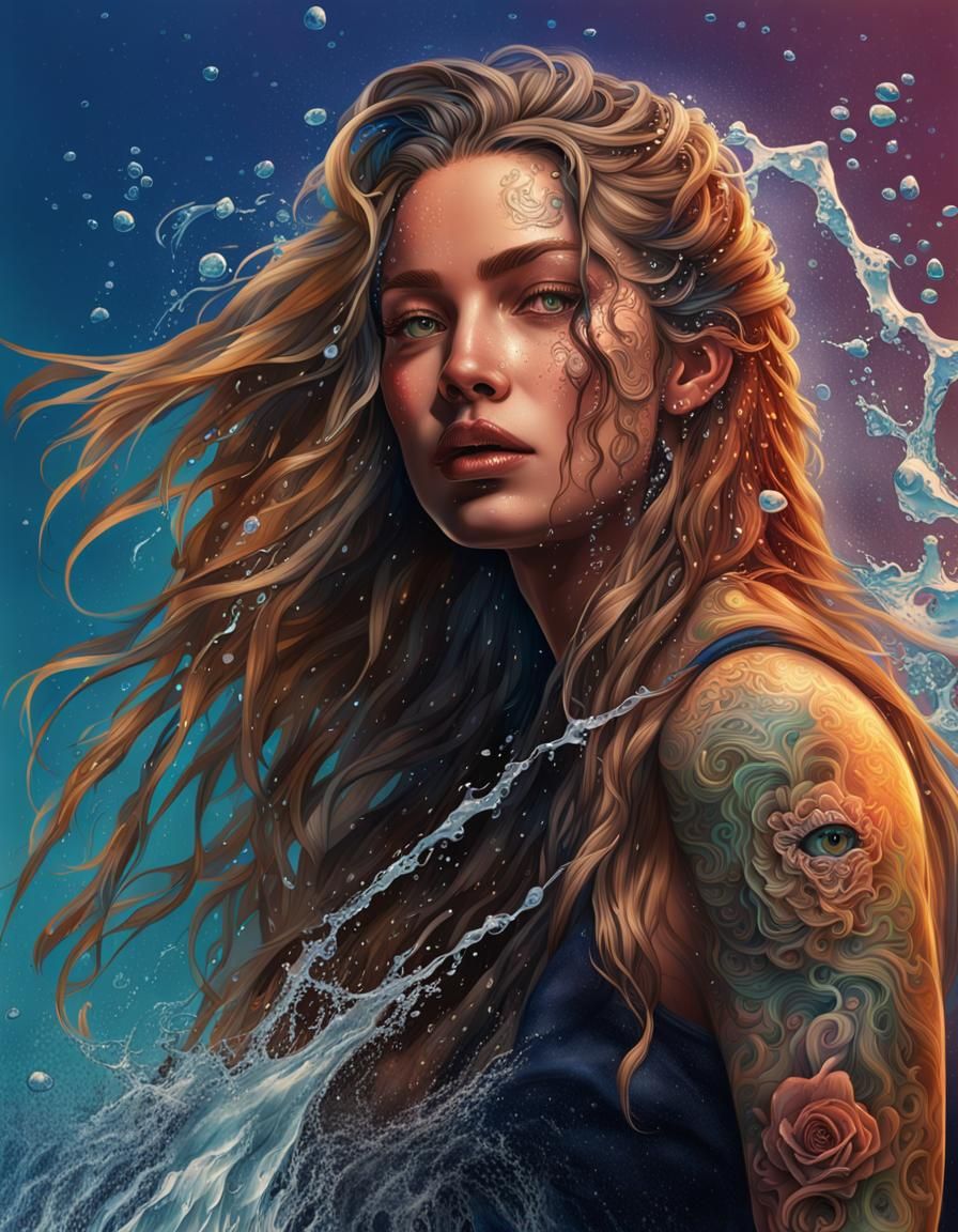 Hyperrealistic Tattooed Woman with Water Splash