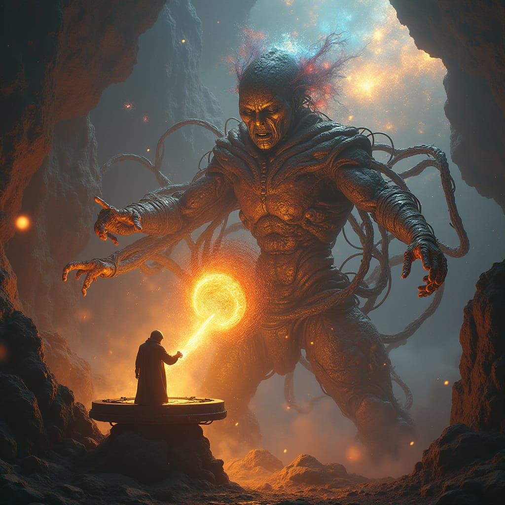 Gigantic, Golden Biomechanical God Forges Star in Cosmic Fra...