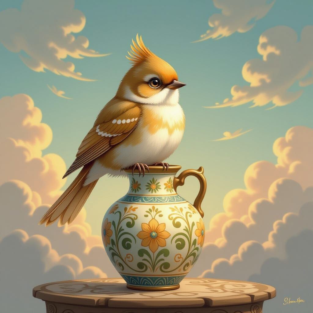 Golden Bird on Ornate Vase in Twilight Glow