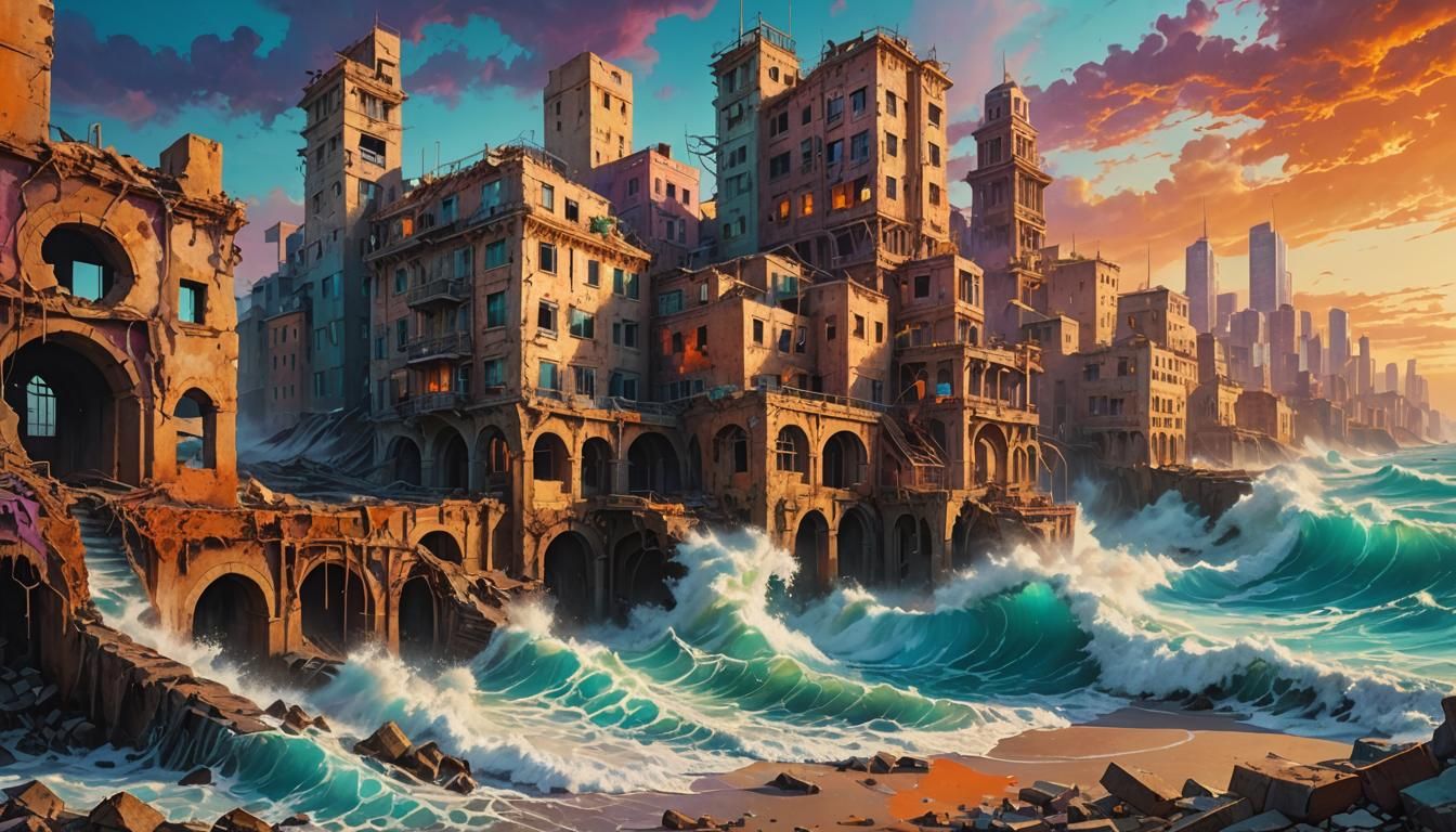 Dystopian City Ruins by the Sea in Golden Light