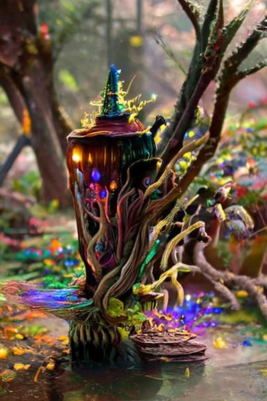 Anthropomorphic Gold Tree in Magic Forest