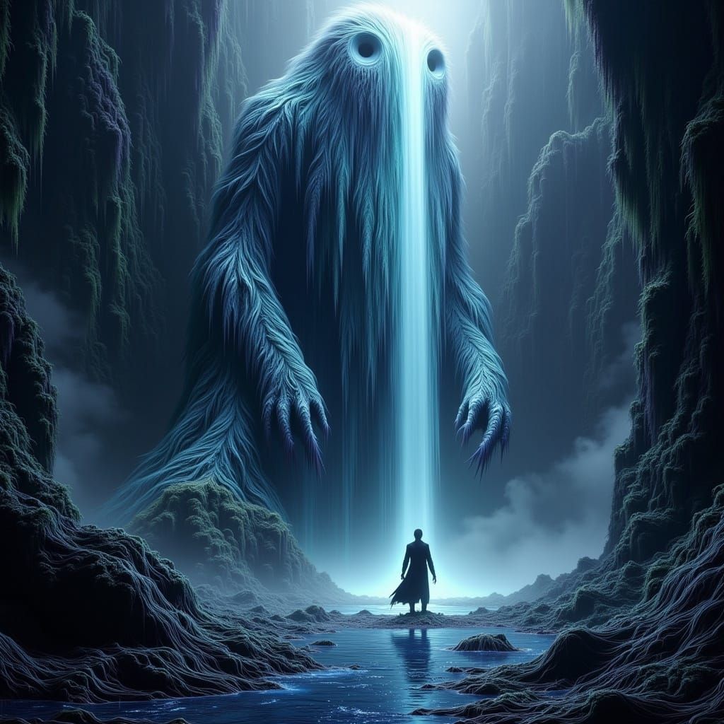 Mystical Apocalypse Unfolds at a Futuristic Waterfall