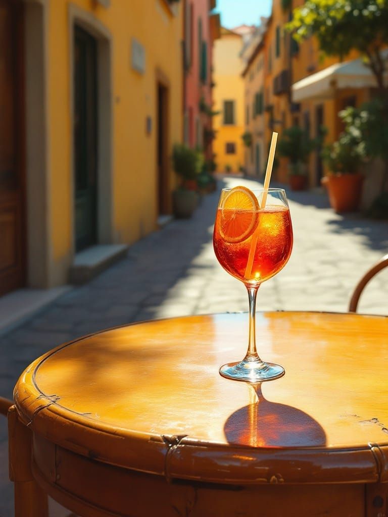 Aperol Spritz in Italian Cafe, Photorealistic Still Life