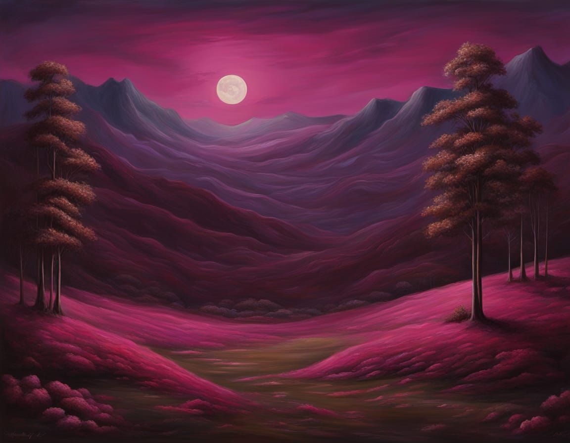 Surreal Abstract Painting in Twilight Magenta Tones