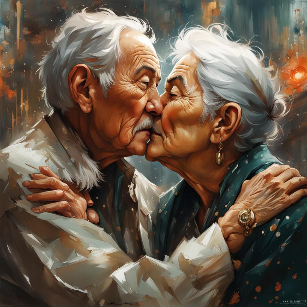 Touching Grandparent Kiss Inspired by Digital Artists