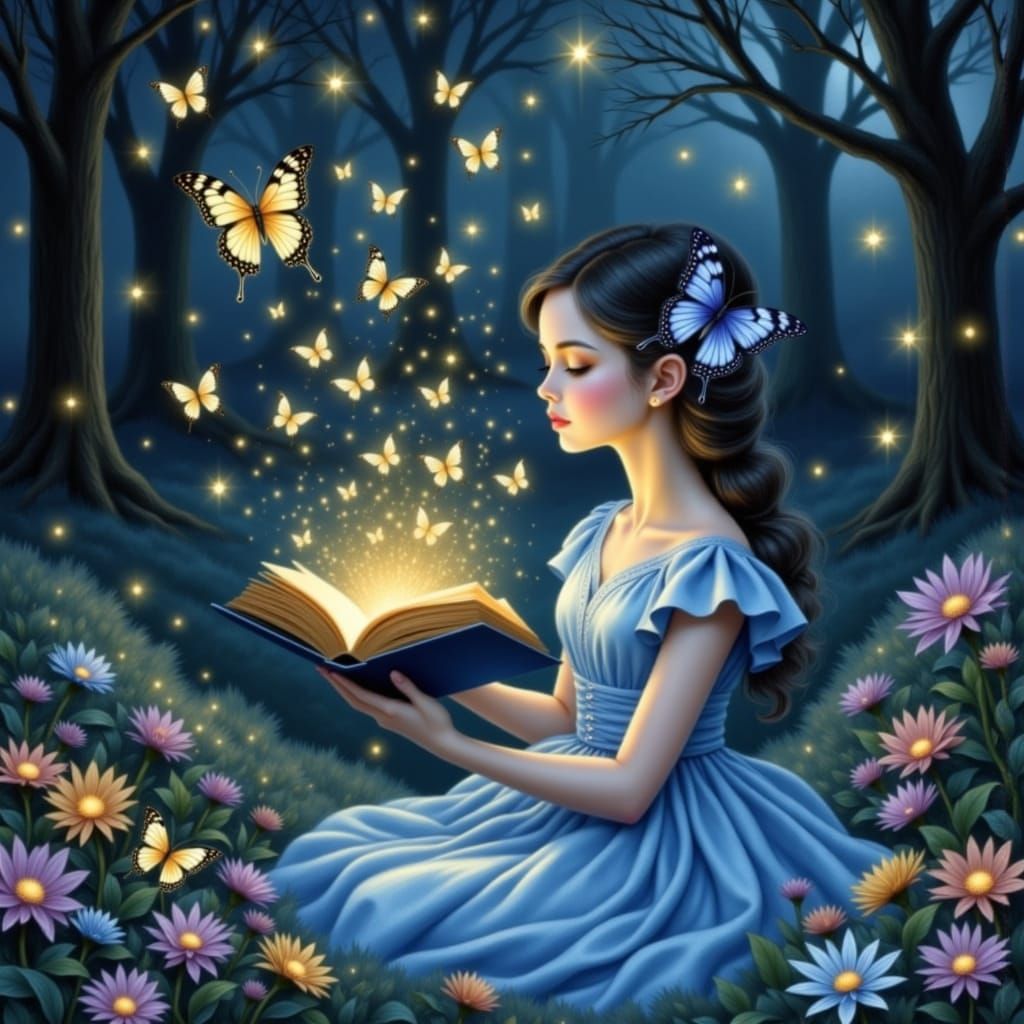 Girl in Blue Dress Releases Golden Butterflies from Book