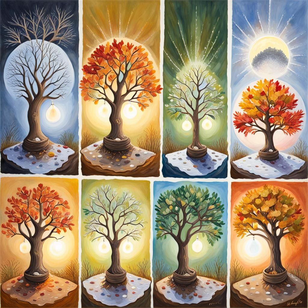 Four Seasons in Lightbulbs: A Gouache Painting