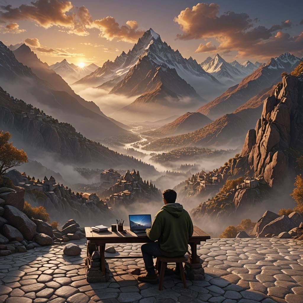 Mountains and Mist: Sunset View from Study