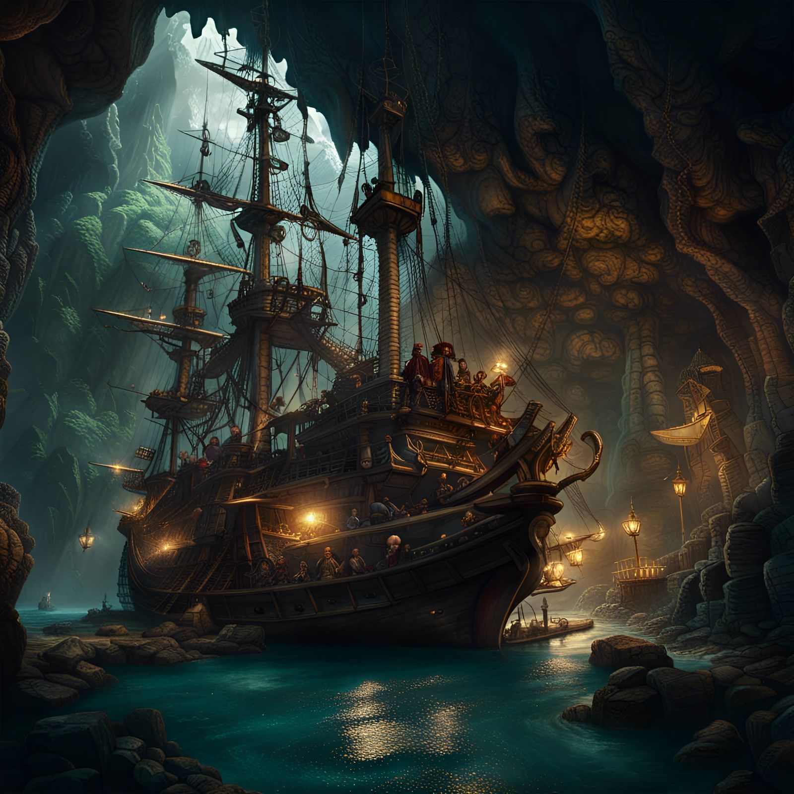 Pirates Sail Ship in Dramatic Cave Painting