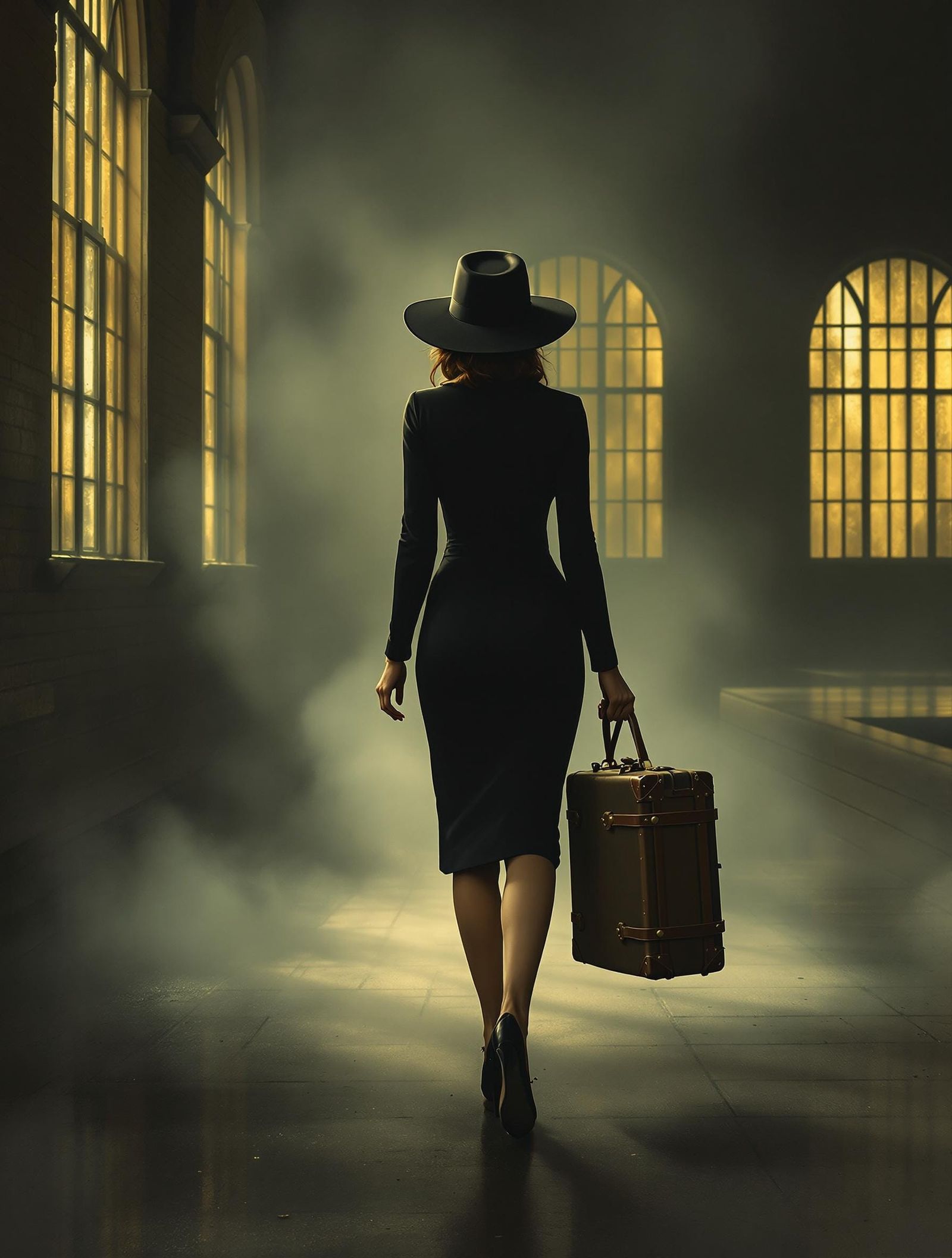 Woman in Mysterious Train Station Eerie Atmosphere