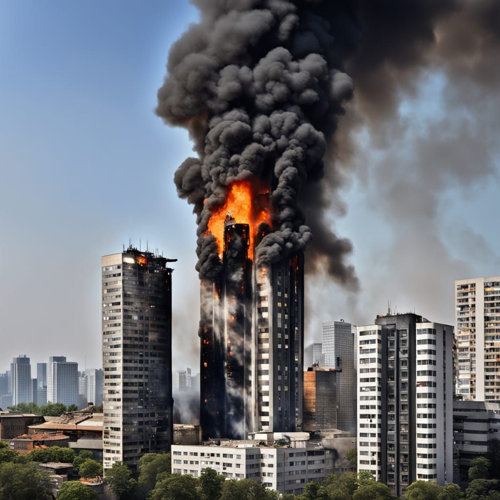 Seven Skyscrapers Engulfed in Intense Flames
