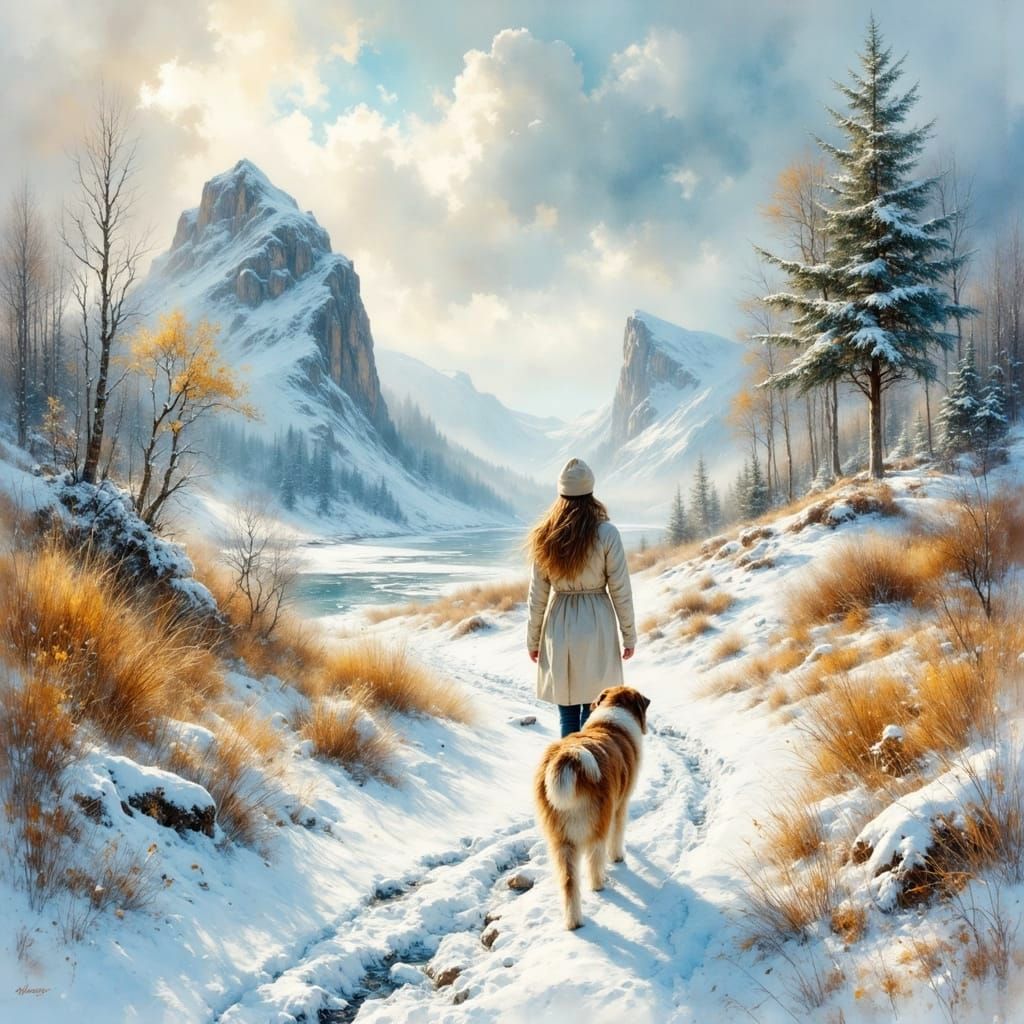 Winter Wanderer and Dog at Old Man of Storr