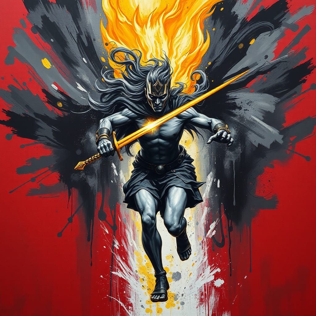 Heroic Figure Escaping Darkness in Splatter Paint Art